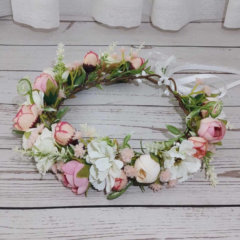 Vividsun Flower Crown Floral Wreath Headband Floral Crown Wedding Festivals Photo Props Headpiece (F/pink camellia) - Image 3